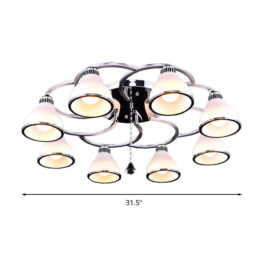 Contemporary Opal Glass Semi Flush Light Crystal 8-Light Semi Flush Mount in Chrome for Living Room