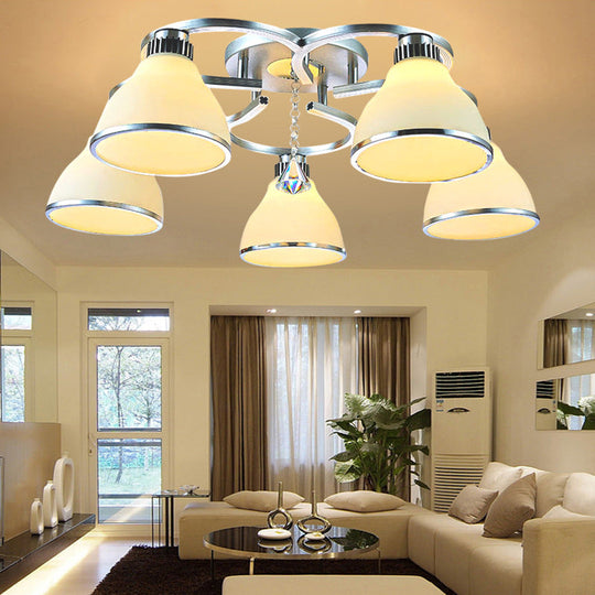 Modern Crystal 5-Light Cone Semi Flush Ceiling Light in Chrome with Opal Glass Shade for Living Room