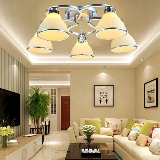 Modern Crystal 5-Light Cone Semi Flush Ceiling Light in Chrome with Opal Glass Shade for Living Room