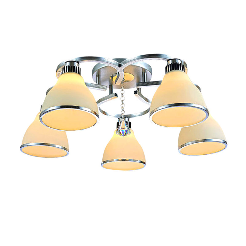 Modern Crystal 5-Light Cone Semi Flush Ceiling Light in Chrome with Opal Glass Shade for Living Room