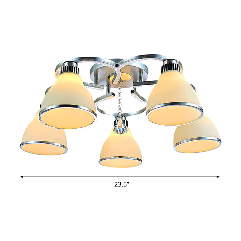 Modern Crystal 5-Light Cone Semi Flush Ceiling Light in Chrome with Opal Glass Shade for Living Room