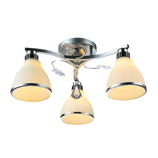 Opal Glass Crystal Cone Semi Flush Mount Lighting for Bedroom - 3 Lights Fixture