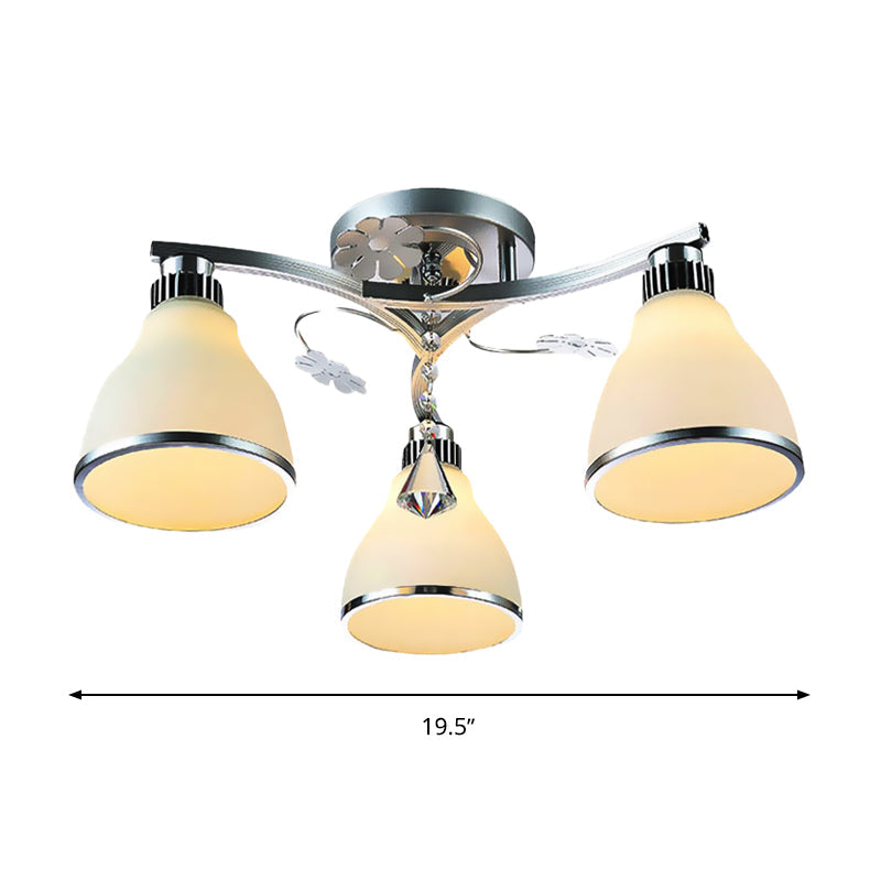 Opal Glass Crystal Cone Semi Flush Mount Lighting for Bedroom - 3 Lights Fixture