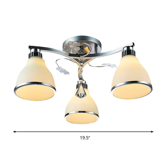 Opal Glass Crystal Cone Semi Flush Mount Lighting For Bedroom - 3 Lights Fixture