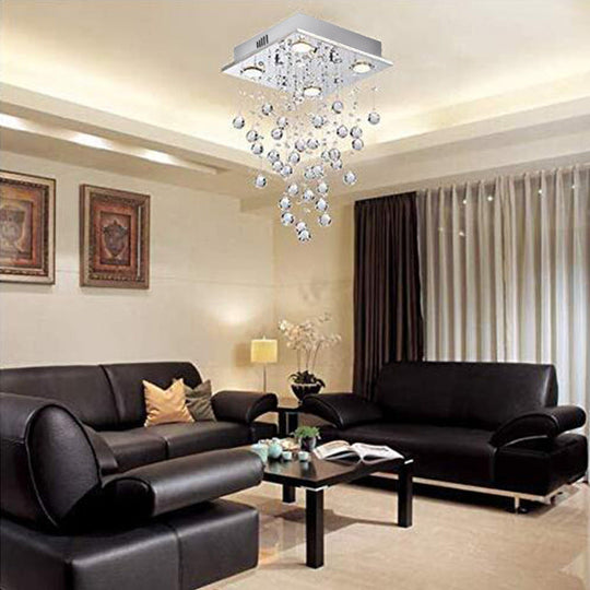 Contemporary Crystal Teardrop Flushmount With 4 Lights For Living Room In Nickel