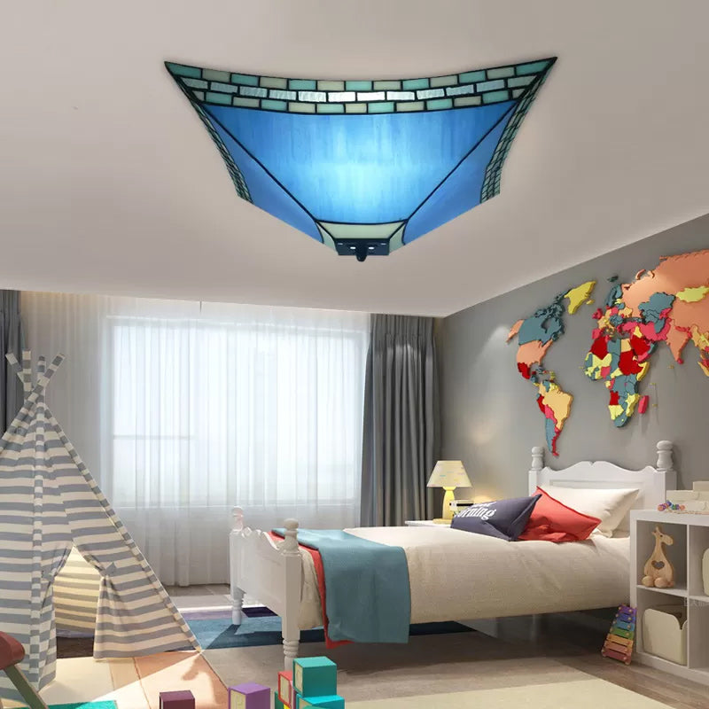 Blue Stained Glass Ceiling Light: Flush Mount With Tiffany Style Pyramid Shade - Perfect For Living