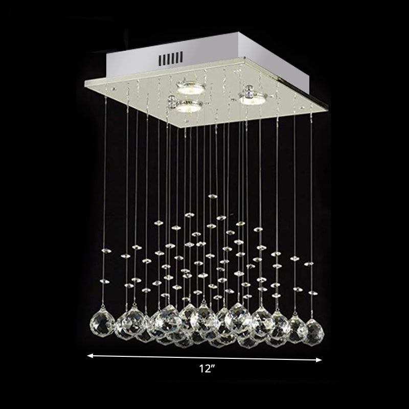 Minimalist Crystal Ball Flush Mount Ceiling Light Fixture with 3 Lights - Living Room, Square Design, Nickel Finish