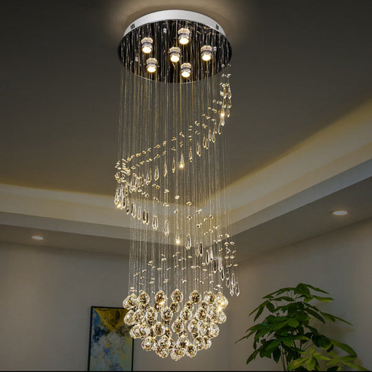 Sleek Nickel Spiral Flushmount Lighting with Crystal Ball Accents - 6 Lights Flush Light Fixture