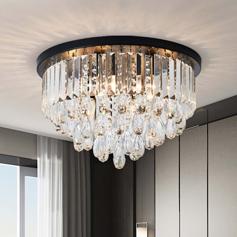 Contemporary Black Flush Mount Ceiling Light with Crystal Cone/Cylinder Design - 4 Lights