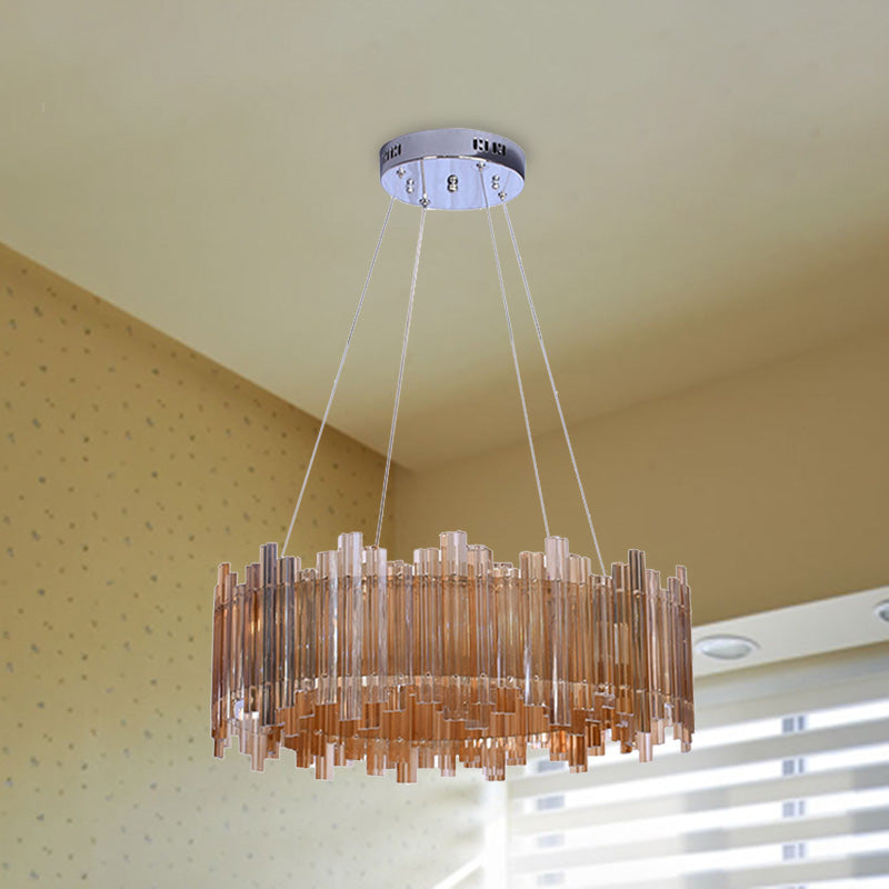 Amber Led Pendant Light Kit: Minimalist Drum Crystal Chandelier For Living Room