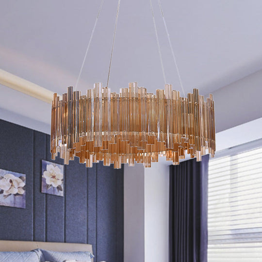 Amber Led Pendant Light Kit: Minimalist Drum Crystal Chandelier For Living Room