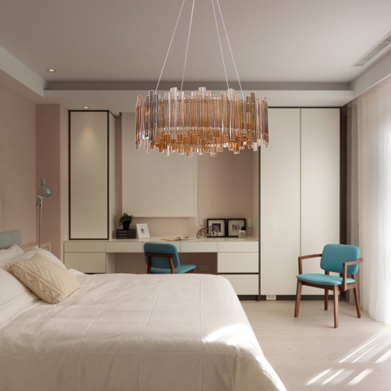 Amber Led Pendant Light Kit: Minimalist Drum Crystal Chandelier For Living Room