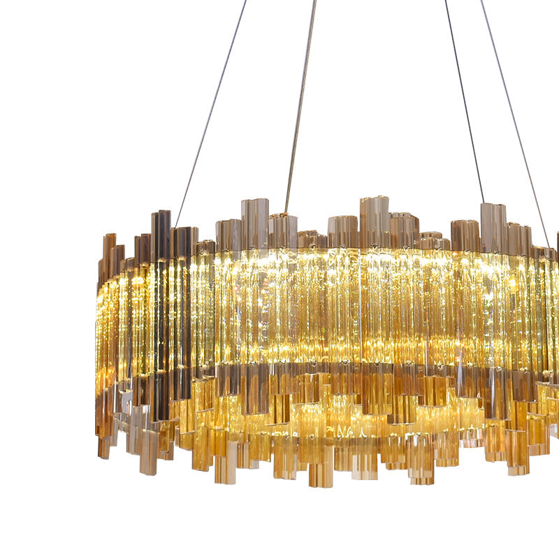 Amber Led Pendant Light Kit: Minimalist Drum Crystal Chandelier For Living Room