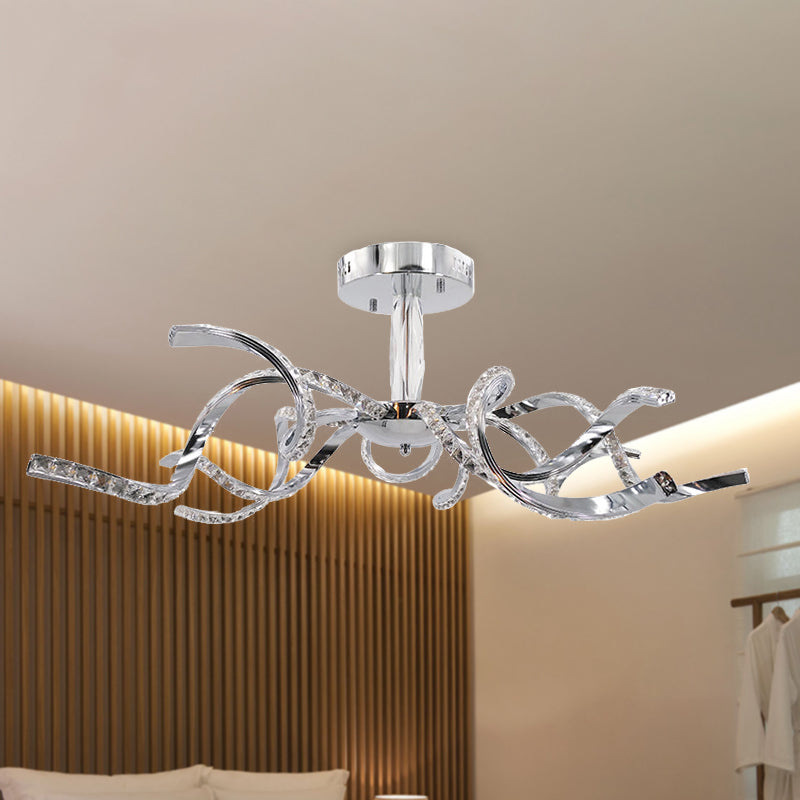 Crystal Semi Flush Lighting: Twist Design, Minimalist 10-Light Chrome Ceiling Fixture - White/Natural Light