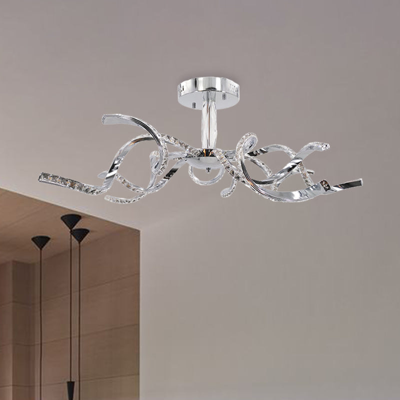 Crystal Semi Flush Lighting: Twist Design, Minimalist 10-Light Chrome Ceiling Fixture - White/Natural Light