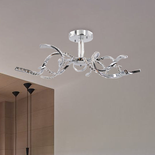 Crystal Semi Flush Lighting: Twist Design, Minimalist 10-Light Chrome Ceiling Fixture - White/Natural Light