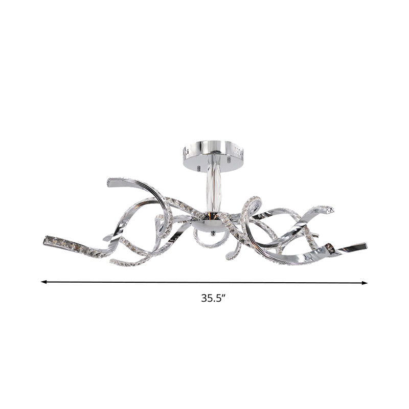 Crystal Semi Flush Lighting: Twist Design, Minimalist 10-Light Chrome Ceiling Fixture - White/Natural Light