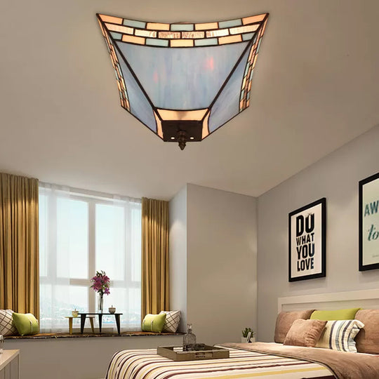 Blue Stained Glass Ceiling Light: Flush Mount With Tiffany Style Pyramid Shade - Perfect For Living