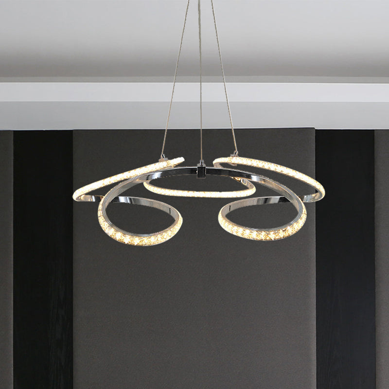 Modern Chrome Twist Chandelier - Crystal LED Pendant Light, Warm/White Glow - Elegant Dining Room Ceiling Suspension