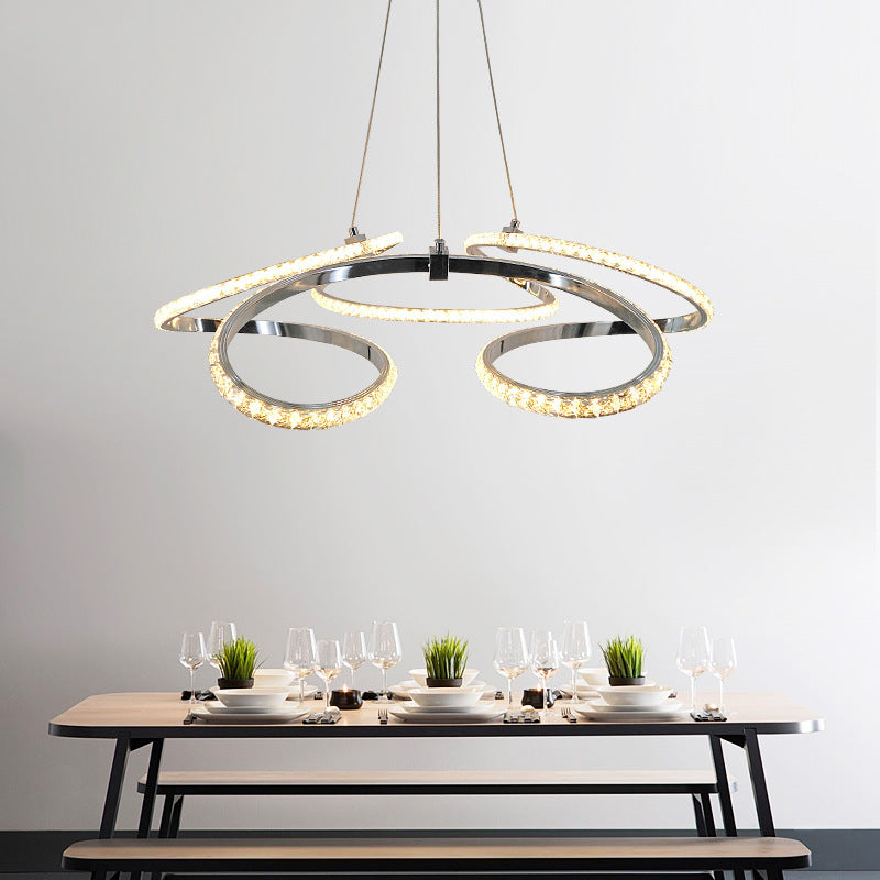 Modern Chrome Twist Chandelier - Crystal LED Pendant Light, Warm/White Glow - Elegant Dining Room Ceiling Suspension