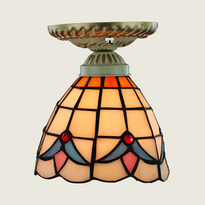 Colorful Stained Glass Flush Mount Ceiling Light with Tiffany-inspired Sunflower, Peacock Tail, and Lily Design