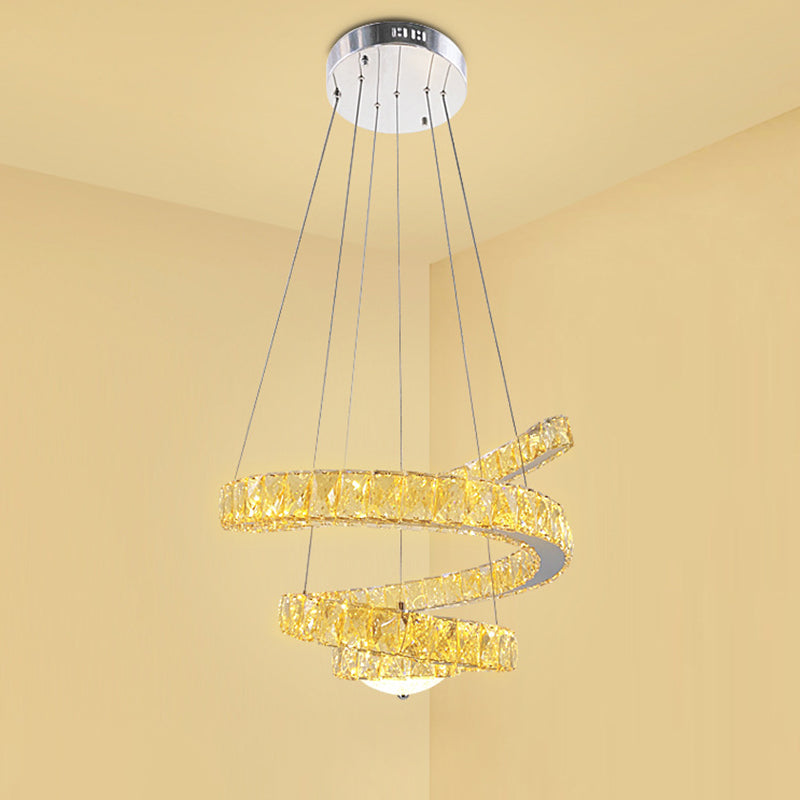 Lustre en cristal LED minimaliste - Lampe suspendue en spirale chromée avec lumière chaude/bicolore