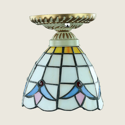 Colorful Stained Glass Flush Mount Ceiling Light with Tiffany-inspired Sunflower, Peacock Tail, and Lily Design