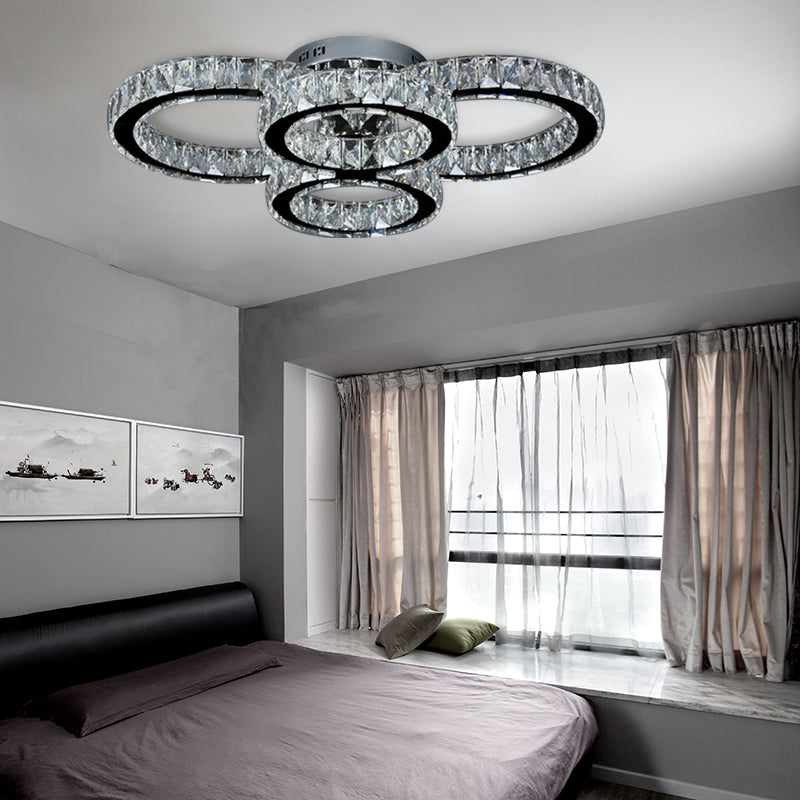 Modern Crystal LED Bedroom Flush Mount Light in Chrome with Warm/White Lighting