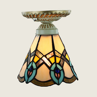 Colorful Stained Glass Flush Mount Ceiling Light With Tiffany-Inspired Sunflower Peacock Tail And