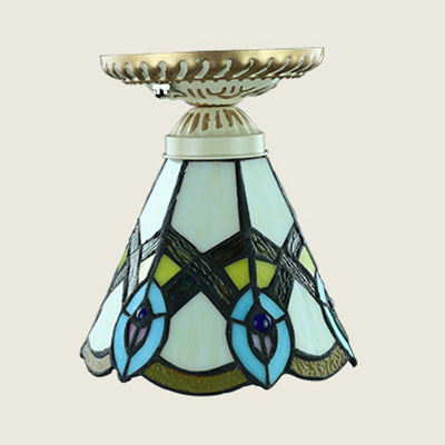 Colorful Stained Glass Flush Mount Ceiling Light with Tiffany-inspired Sunflower, Peacock Tail, and Lily Design