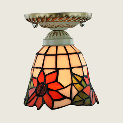 Colorful Stained Glass Flush Mount Ceiling Light with Tiffany-inspired Sunflower, Peacock Tail, and Lily Design