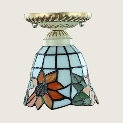 Colorful Stained Glass Flush Mount Ceiling Light with Tiffany-inspired Sunflower, Peacock Tail, and Lily Design