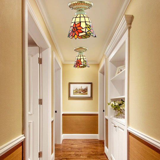 Colorful Stained Glass Flush Mount Ceiling Light with Tiffany-inspired Sunflower, Peacock Tail, and Lily Design