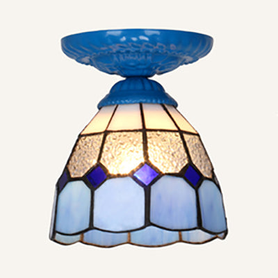 Vintage Industrial Stained Glass Flushmount Ceiling Light - White/Blue/Clear