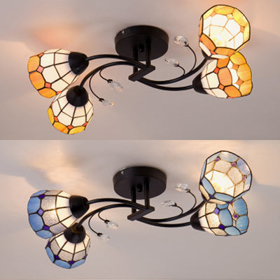 Tiffany Style Stained Glass Semi Flush Light - Blue/Orange Bowl Design Ideal for Bedrooms