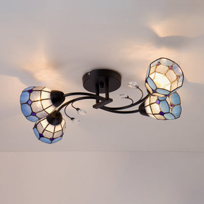 Tiffany Style Stained Glass Semi Flush Light - Blue/Orange Bowl Design Ideal For Bedrooms Blue