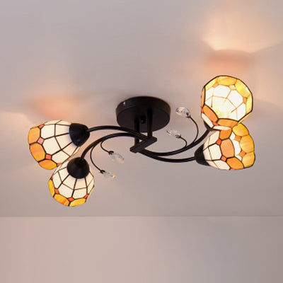 Tiffany Style Stained Glass Semi Flush Light - Blue/Orange Bowl Design Ideal for Bedrooms