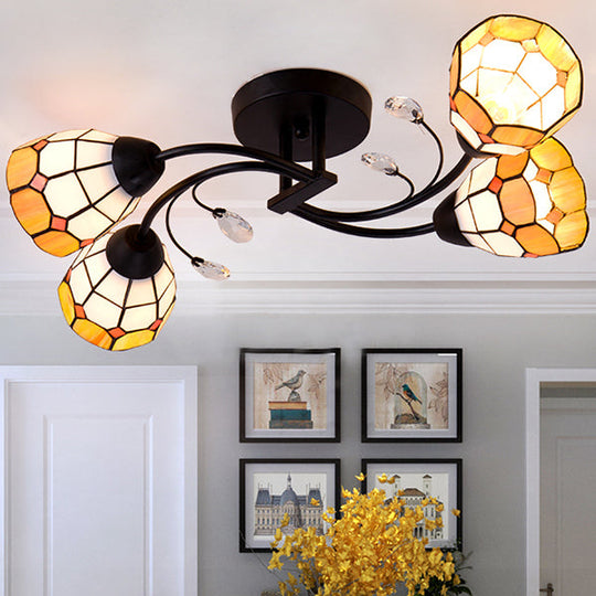 Tiffany Style Stained Glass Semi Flush Light - Blue/Orange Bowl Design Ideal for Bedrooms