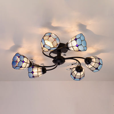 Tiffany Stained Glass Flushmount Light with 6 Bowls in Orange/Blue - Ideal for Living Room