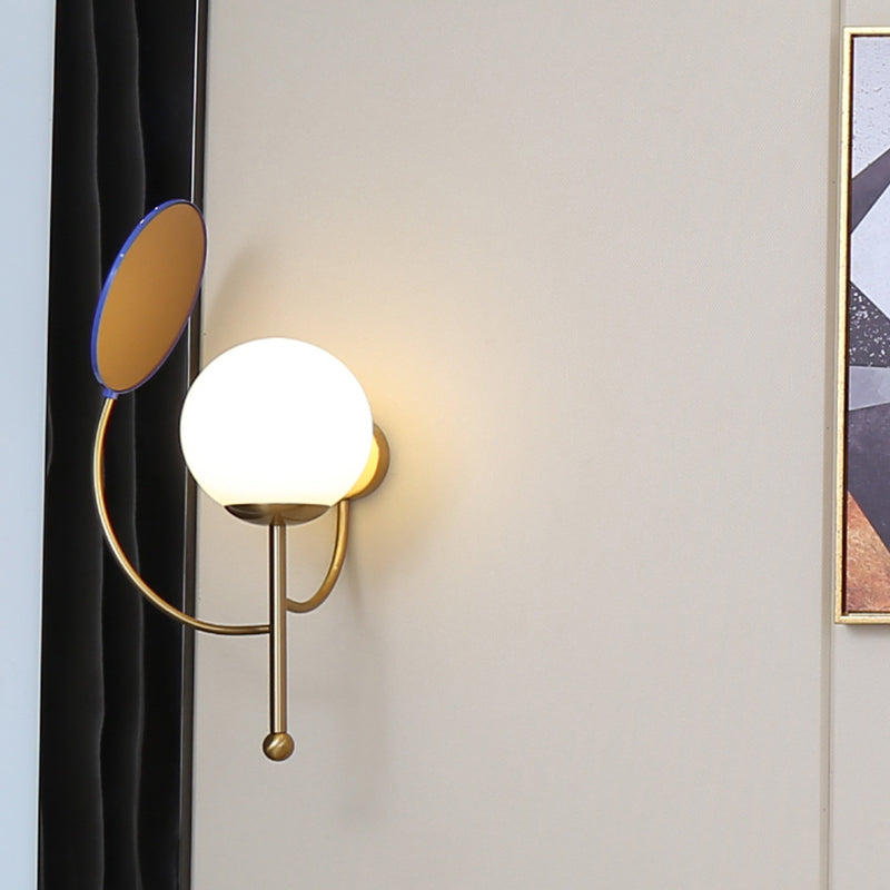 Retro Gold/Black Wall Sconce - 1 Light Matte White Glass Fixture With Reflector