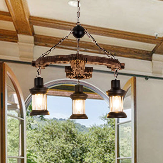 Rustic 3-Light Brown Anchor Chandelier Pendant with Wood and Metal Lantern Shade – Loft Style Ceiling Lamp