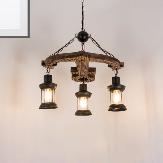 Rustic 3-Light Brown Anchor Chandelier Pendant with Wood and Metal Lantern Shade – Loft Style Ceiling Lamp