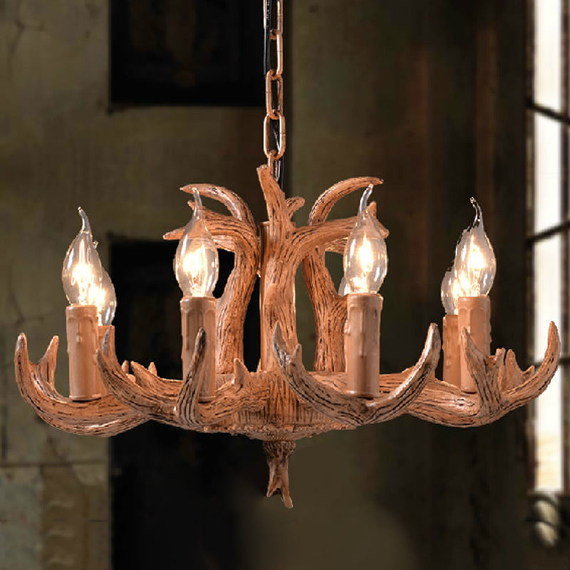 Stylish Antlers Chandelier With 8 Lights - Lodge-Inspired Resin Pendant Light Fixture In Wood