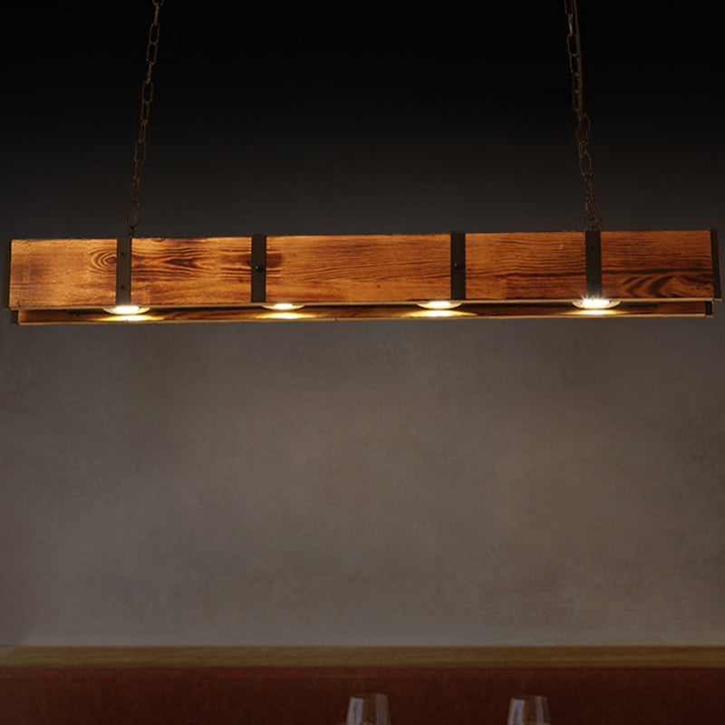 Industrial Rectangular Wooden Island Ceiling Light With 4 Lights And Metal Chain - Brown Finish