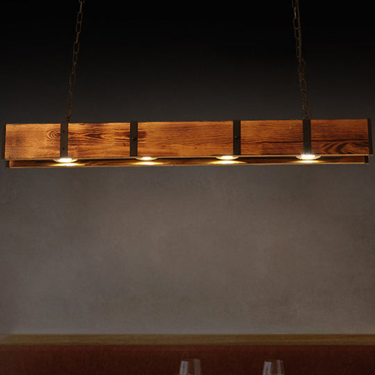 Industrial Rectangular Wooden Island Ceiling Light With 4 Lights And Metal Chain - Brown Finish