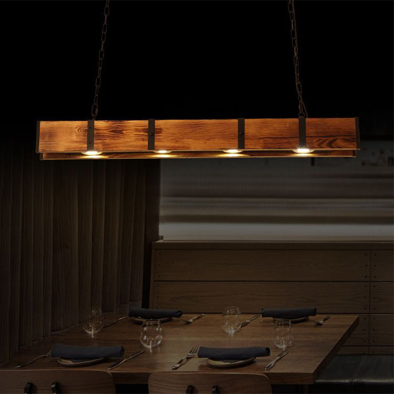 Industrial Rectangular Wooden Island Ceiling Light With 4 Lights And Metal Chain - Brown Finish