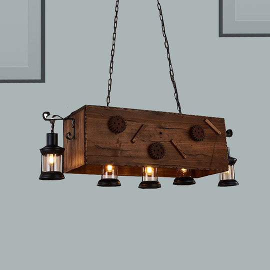 Retro Style Wood and Metal Chandelier: Rectangle Kitchen Light, 5 Lights, Brown, Lantern Shade