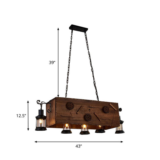 Retro Style 5-Light Kitchen Chandelier: Rectangle Design With Light Wood And Metal Lantern Shade