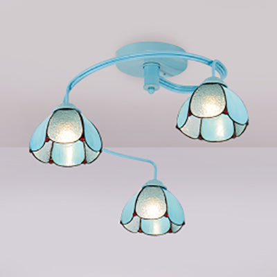 Blue Stained Glass Ceiling Flush Mount - Tiffany Style Semi Flush Light Fixture with 3/5 Floral Lights