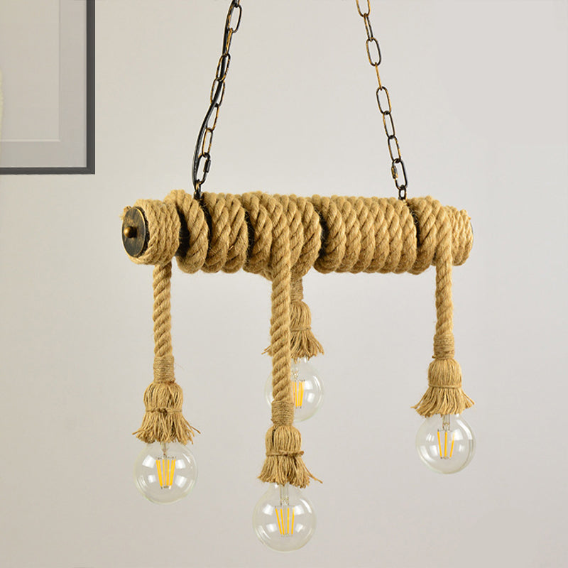 Industrial Style Island Lamp With Rope And 4 Lights - Open Bulb Hanging Light For Dining Room In